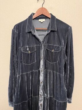 Umgee Gray Blue Velvet Button-Front Tiered Shirt Dress Women's Medium